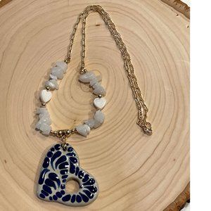 DaVella Collections Quartz Heart Mexican Artisanal Blue Talavera Necklace